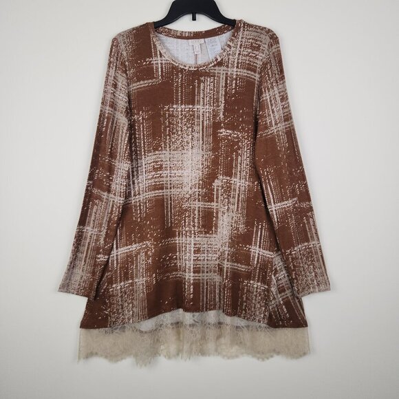 LOGO Lori Goldstein Size M Long Sleeve Lace Hem Stretch Brown Tunic Top - Picture 1 of 5